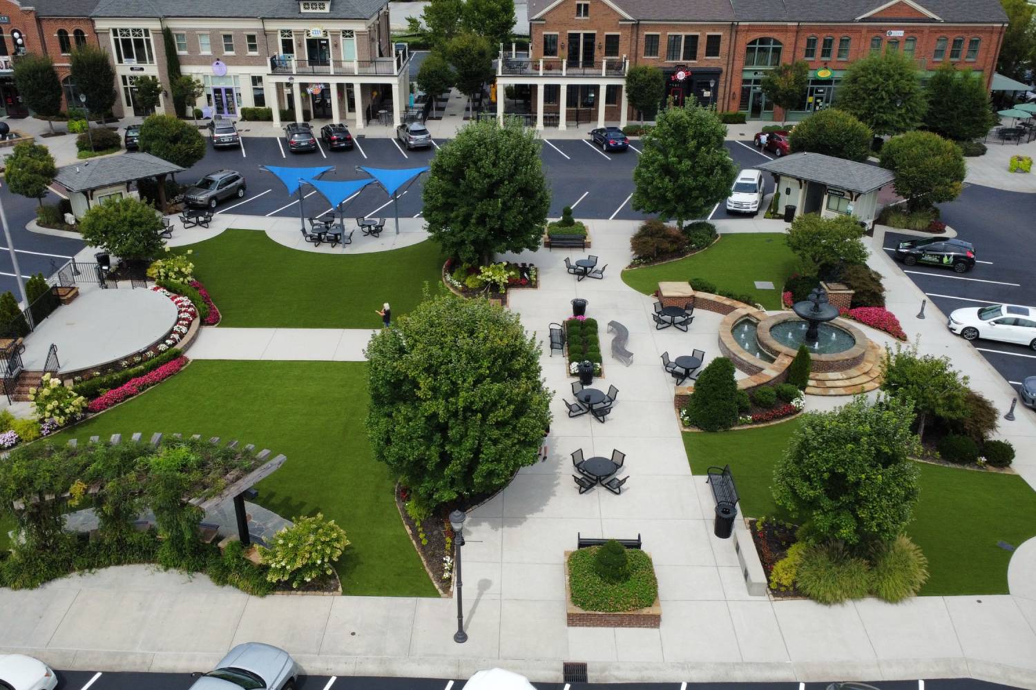 Drone shot artificial grass courtyard