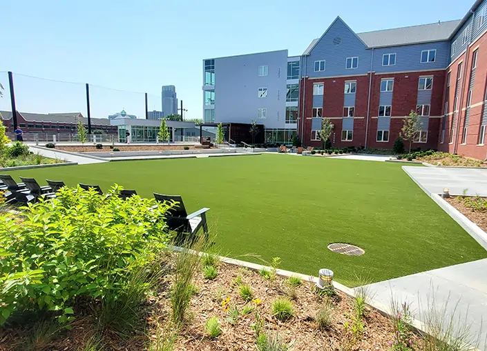 Hotel artificial grass courtyard installed by SYNLawn